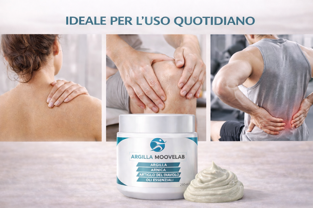 Argilla Moovelab 250 ml per l'uso quotidiano, con crema e immagini di massaggio