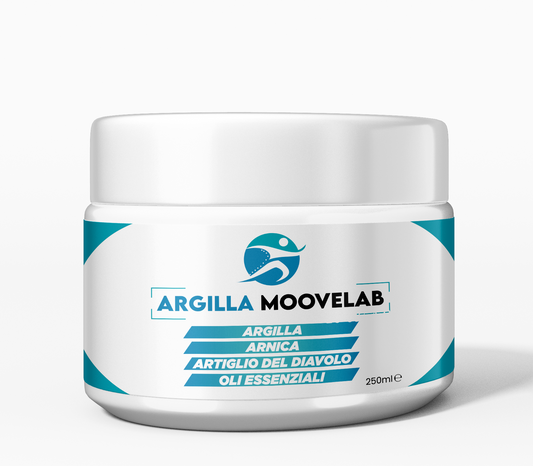 Barattolo di Argilla Moovelab 250 ml con etichetta azzurra su sfondo trasparente