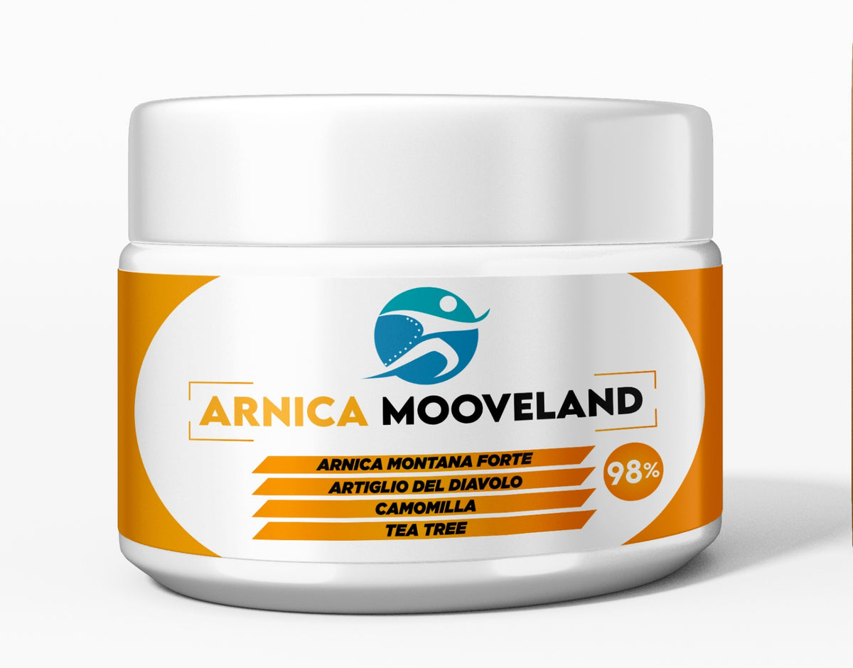 Barattolo di Arnica Mooveland 500 ml con etichetta arancione, Arnica montana forte